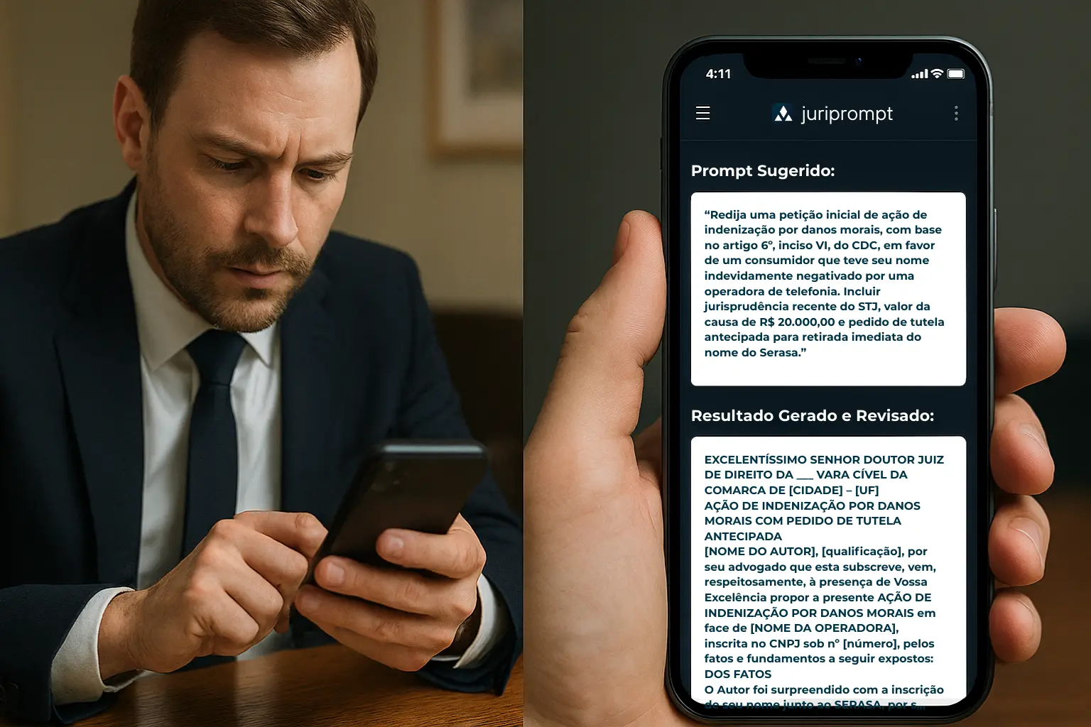 Advogado usando o JuriPrompt para gerar uma petição de indenização por danos morais